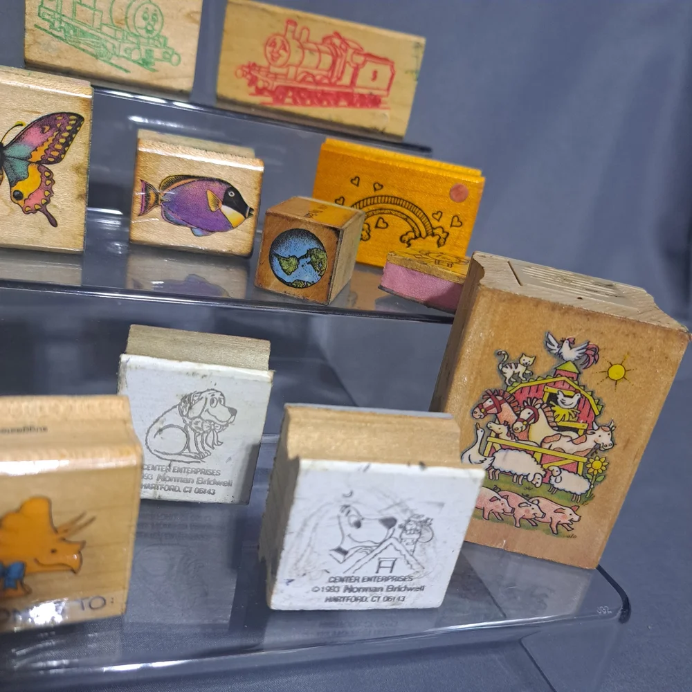 VTG Lot Of 14 Wooden Rubber Stamps Thomas Train Wildlife‎ Animals Kids Clifford